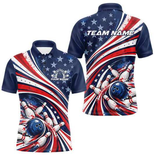 Maxcorners Custom Patriotic US Flag Bowling League Men Polo Shirt, American Flag Bowling Team Jerseys LM0410