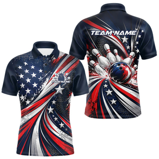 Maxcorners Personalized Patriotic Bowling Jerseys, US Flag Bowling League Polo Shirt For Men LM0410