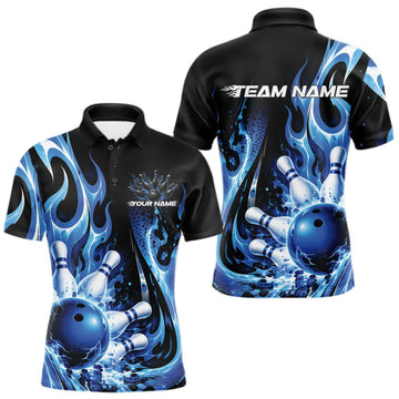 Maxcorners Custom Black And Blue Flame Bowling Jersey For Men, Bowling League Polo Shirt LM0410