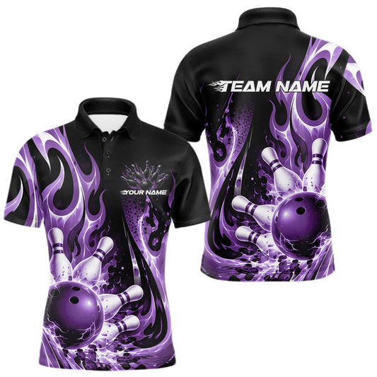 Maxcorners Custom Black And Purple Flame Bowling Jersey For Men, Bowling League Polo Shirt LM0410