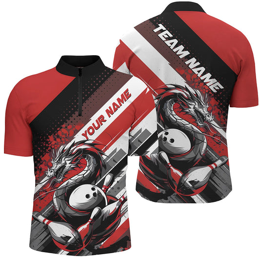 Maxcorners Black And Red Custom Dragon Bowling Polo Shirts For Men, Dragon Bowling League Shirt
