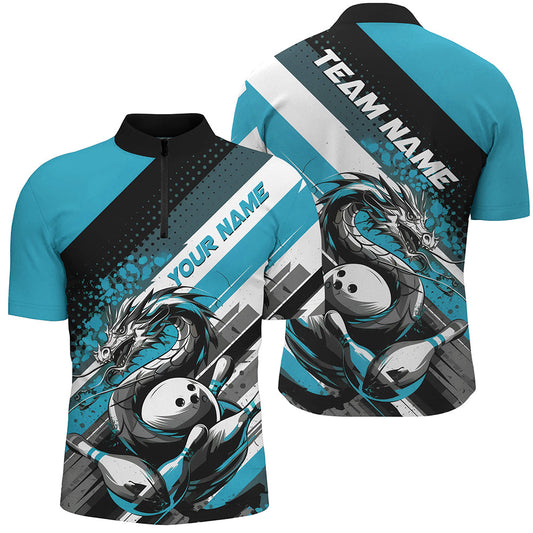Maxcorners Black And Blue Custom Dragon Bowling Polo Shirts For Men, Dragon Bowling League Shirt