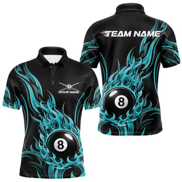 Maxcorners Custom Turquoise Blue Tribal Flame 8 Ball Billiard Men Polo Shirt, Pool League Shirt LM1508