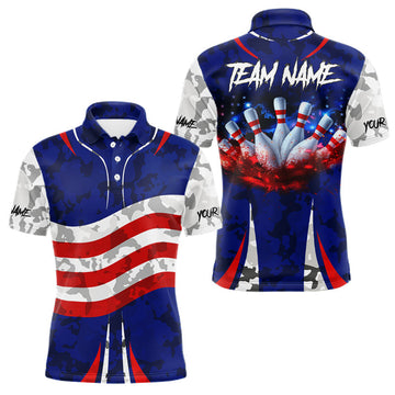 Maxcorners Camo American flag bowling jersey custom bowling polo, 1/4 zip shirts for men, bowling league shirts