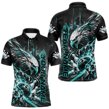 Maxcorners Custom Teal Blue Grunge Eagle Bowling Men Polo Shirt, Team League Shirt Bowlers Outfit