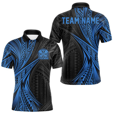 Maxcorners Custom Black And Blue Tribal Pattern Dart Team Men Polo Shirt, Dart League Shirt