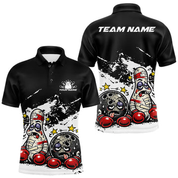 Maxcorners Custom Funny Boxing Bowling Men Polo Shirt, Black Grunge Bowling Team Tournament Jersey LM2704