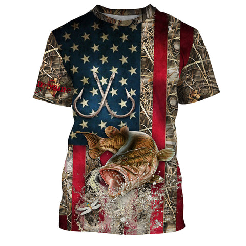 Maxcorners Largemouth Bass Fishing American Flag Fish Hook Camo Customize Name 3D Shirts