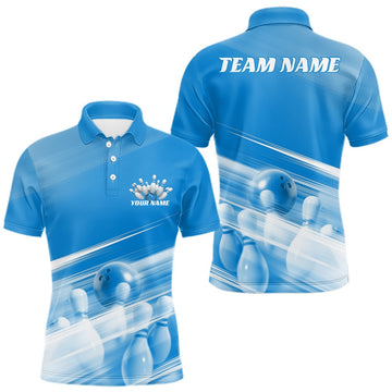 Maxcorners Custom Blue Bowling Ball And Pins Bowling Team Polo Shirt For Men, Bowling League Shirt