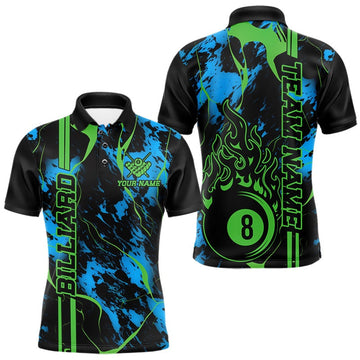 Maxcorners Custom Blue And Green 8 Ball Billiard Flame Men Polo Shirt, Pool Team Shirt