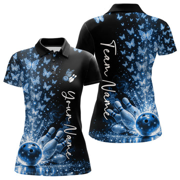 Custom Blue Butterfly Women Bowling Polo Shirt, Bowling League Shirt LM1203