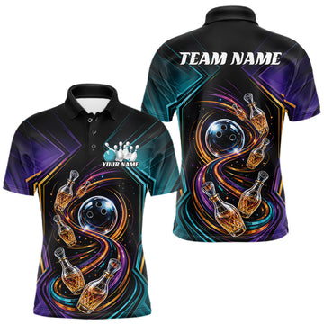 Maxcorners Custom Colorful Wine Bowling Men Polo Shirts, Wine Lovers Bowling Team Jersey