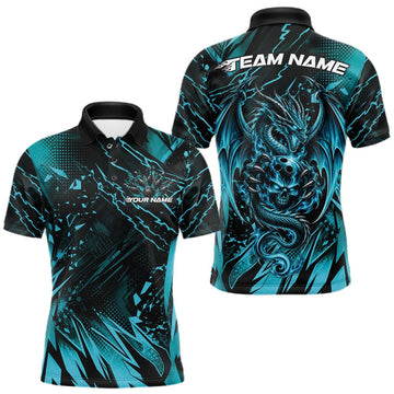 Maxcorners Custom Black And Teal Blue Dragon Bowling Men Polo Shirt, Skull Bowling Ball Jersey