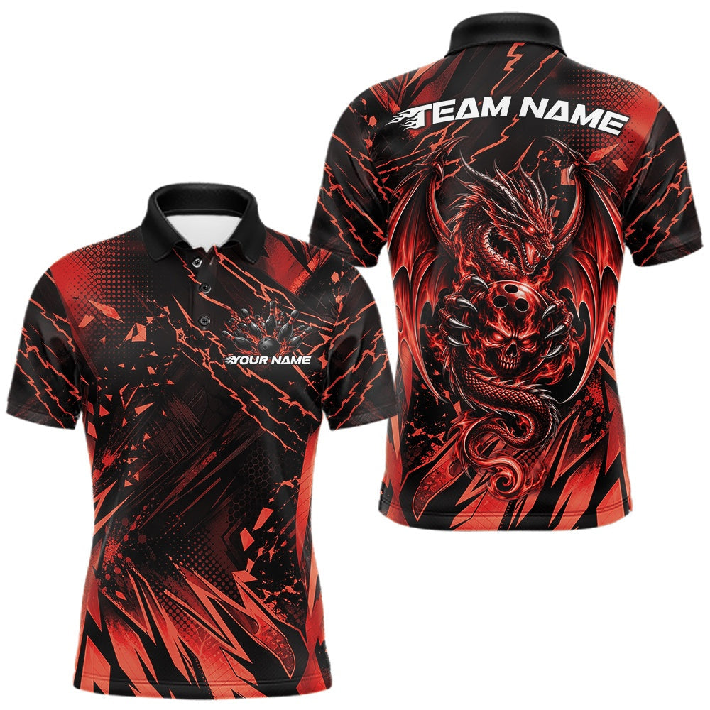 Maxcorners Custom Black And Red Dragon Bowling Men Polo Shirt, Skull Bowling Ball Jersey