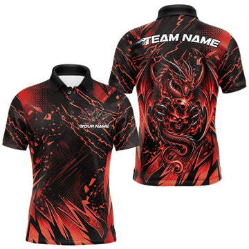 Maxcorners Custom Black And Red Dragon Bowling Men Polo Shirt, Skull Bowling Ball Jersey