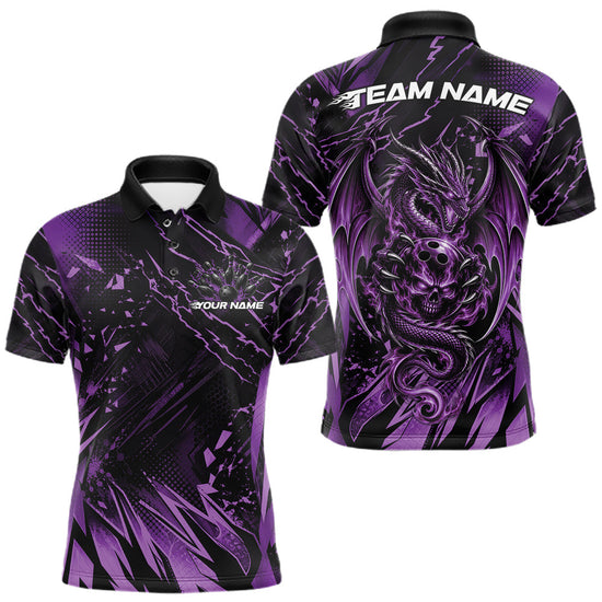 Maxcorners Custom Black And Purple Dragon Bowling Men Polo Shirt, Skull Bowling Ball Jersey