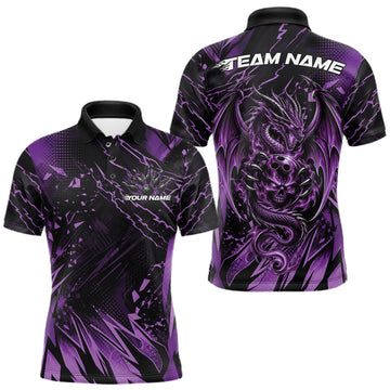 Maxcorners Custom Black And Purple Dragon Bowling Men Polo Shirt, Skull Bowling Ball Jersey