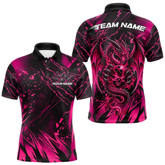 Maxcorners Custom Black And Pink Dragon Bowling Men Polo Shirt, Skull Bowling Ball Jersey
