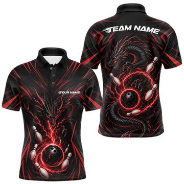 Maxcorners Custom Black And Red Lightning Dragon Bowling Team Men Polo Shirt, Bowling League Shirt LM1508