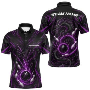 Maxcorners Custom Black And Purple Lightning Dragon Bowling Men Polo Shirt, Bowling League Shirt LM1508