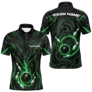 Maxcorners Custom Black And Green Lightning Dragon Bowling Team Men Polo Shirt, Bowling League Shirt LM1508