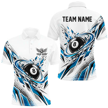 Maxcorners Custom White And Teal Blue Geometric 8 Ball Billiard Men Polo Shirt, Billiard Jersey