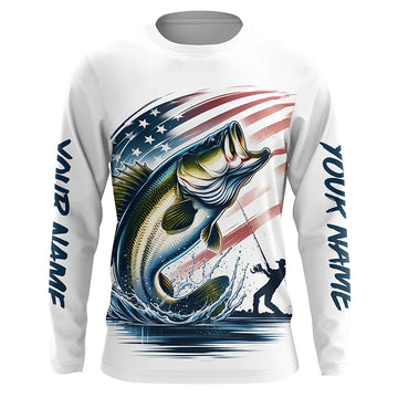 Maxcorners Personalized American Flag Bass Long Sleeve Fishing Shirts, Patriotic Bass Fishing Jerseys LM0201