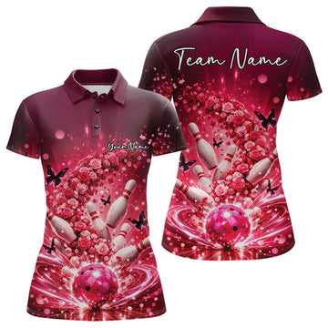Custom Elegant Red Roses And Butterfly Women Bowling Shirt, Flower Bowling League Shirt LM1203