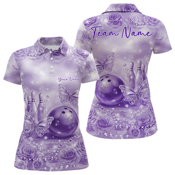 Custom Elegant Purple Roses And Butterfly Women Bowling Polo Shirts, Ladies Outfit 6 LM1203
