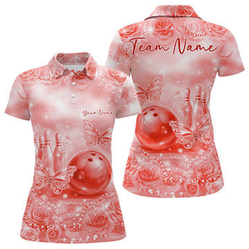 Custom Elegant Red Roses And Butterfly Women Bowling Polo Shirts, Ladies Outfit 4 LM1203
