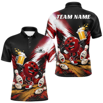 Maxcorners Custom Red Funny Beer Pitcher Bowling Men Polo Shirt, Drinking Beer Bowling Jersey LM1508