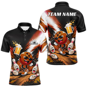 Maxcorners Custom Orange Funny Beer Pitcher Bowling Men Polo Shirt, Drinking Beer Bowling Jersey LM1508