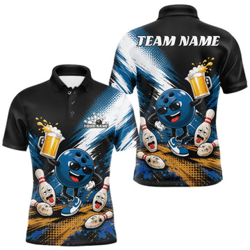 Maxcorners Custom Blue Funny Beer Pitcher Bowling Men Polo Shirt, Drinking Beer Bowling Jersey LM1508