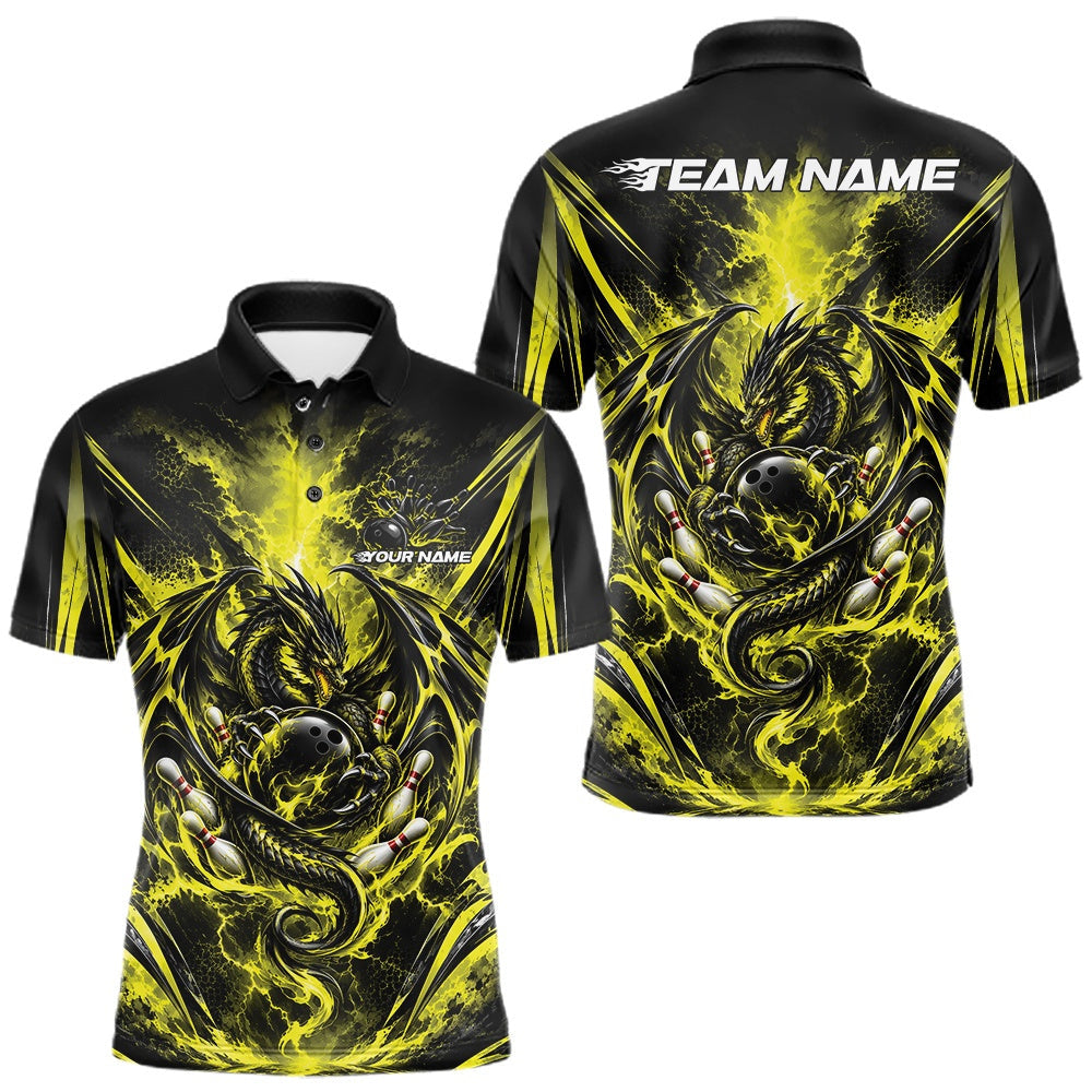 Maxcorners Custom Black And Yellow Thunder Lightning Dragon Men Bowling Jersey Men Polo Shirt