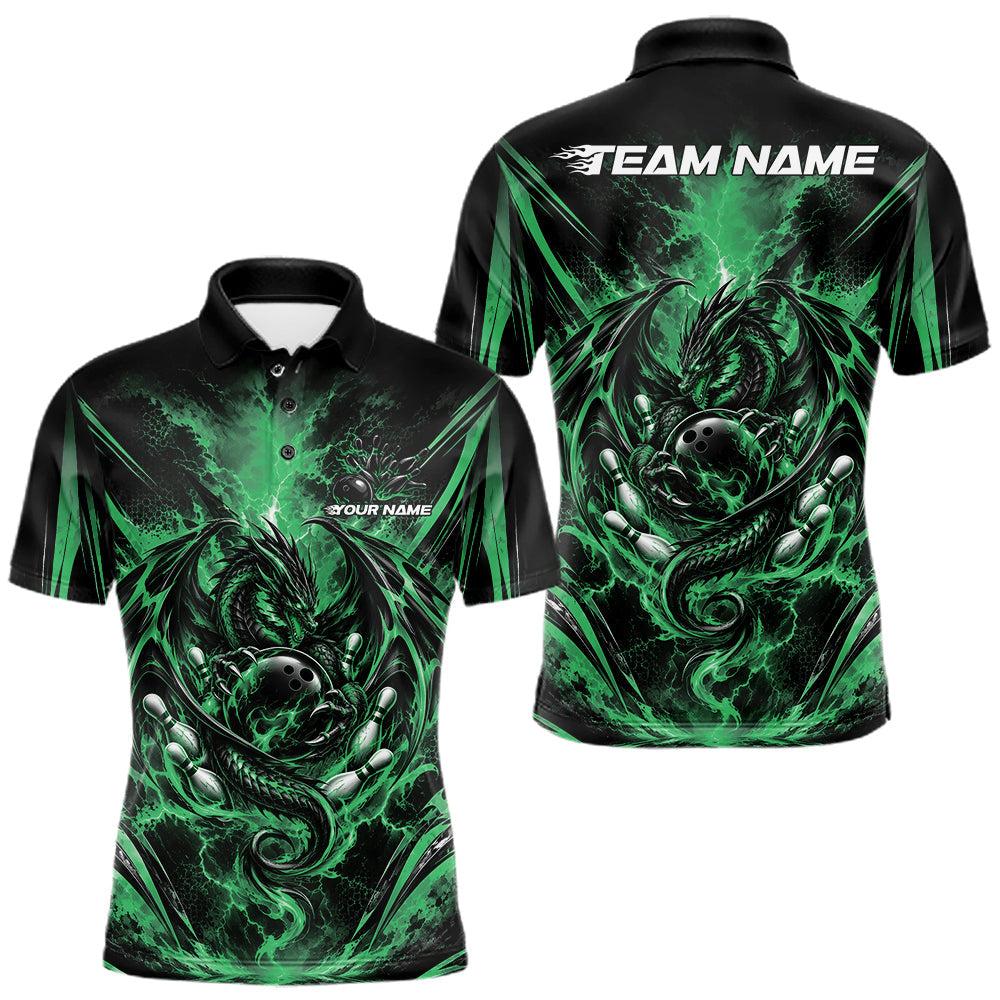 Maxcorners Custom Black And Green Thunder Lightning Dragon Men Bowling Jersey Men Polo Shirt