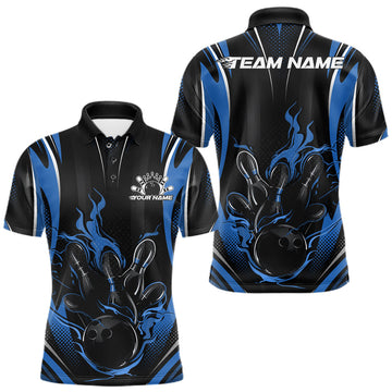 Maxcorners Black And Blue Flame Custom Bowling Men Polo Shirt, Bowling Tournament Team Jersey