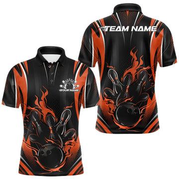 Maxcorners Black And Orange Flame Custom Bowling Men Polo Shirt, Bowling Tournament Team Jersey