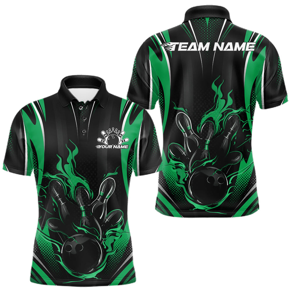 Maxcorners Black And Green Flame Custom Bowling Men Polo Shirt, Bowling Tournament Team Jersey