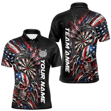 Maxcorners Custom Patriotic American Flag Skull Dart Men Polo Shirt, Dart Team Jersey
