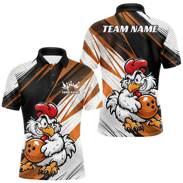 Maxcorners Custom Funny Crazy Chicken Bowling Team Men Polo Shirt, Orange Chicken Bowling Jerseys LM1307