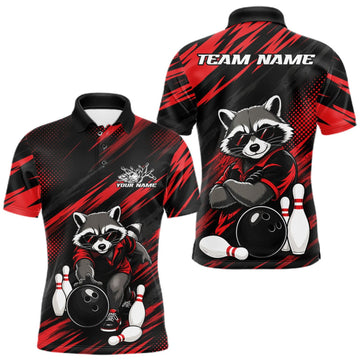 Maxcorners Custom Red Funny Cool Looking Raccoon Men Bowling Team Polo Shirt, Bowling Jersey LM1508