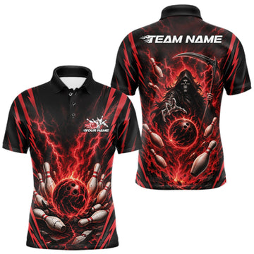 Maxcorners Custom Red Lightning Grim Reaper Bowling Men Polo Shirt, Halloween Bowling Outfit LM1508