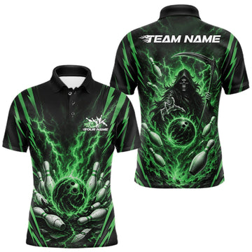 Maxcorners Custom Green Lightning Grim Reaper Bowling Men Polo Shirt, Halloween Bowling Outfit LM1508