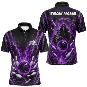 Maxcorners Custom Purple Lightning Grim Reaper Bowling Men Polo Shirt, Halloween Bowling Outfit LM1508