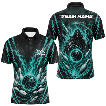 Maxcorners Custom Turquoise Blue Lightning Grim Reaper Bowling Men Polo Shirt, Halloween Outfit LM1508