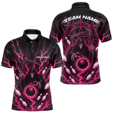 Maxcorners Custom Pink Lightning Halloween Grim Reaper Bowling Men Polo Shirt, Dark Magic Outfit LM1508