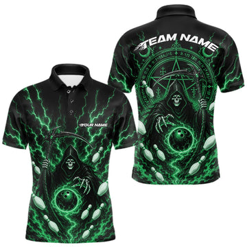 Maxcorners Custom Green Lightning Halloween Grim Reaper Bowling Men Polo Shirt, Dark Magic Outfits LM1508