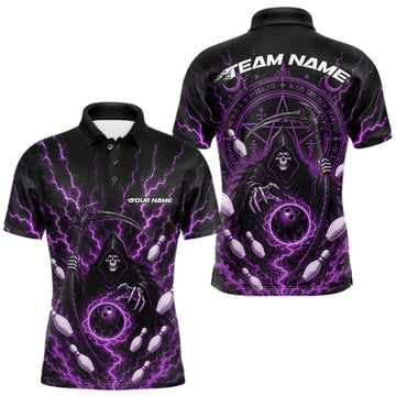 Maxcorners Custom Purple Lightning Halloween Grim Reaper Bowling Men Polo Shirt, Dark Magic Outfit LM1508