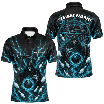 Maxcorners Custom Blue Lightning Halloween Grim Reaper Bowling Men Polo Shirt, Dark Magic Outfit LM1508