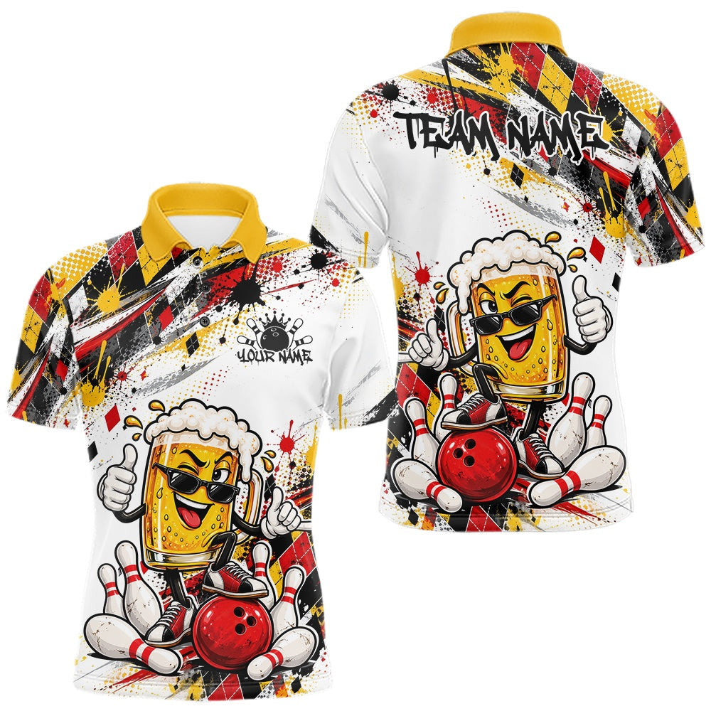 Maxcorners Yellow And Red Splatter Argyle Pattern Funny Beer Custom Bowling Men Polo Shirt